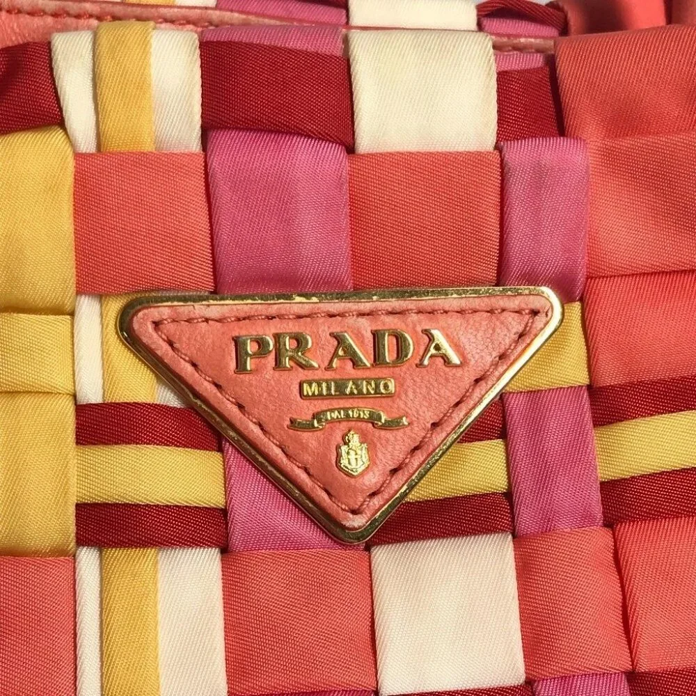 PRADA Braided Logo triangle logo plate Bag Tote Bag Hand Bag Nylon pink/White - Picture 9 of 14